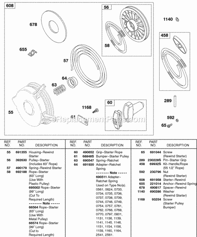 Rewind Starter Diagram and Parts List for  Briggs and Stratton Engine